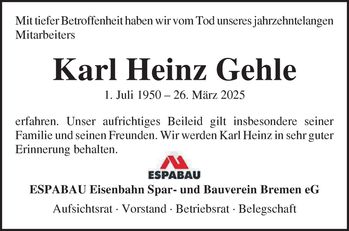 Traueranzeige von Karl Heinz Gehle von WESER-KURIER