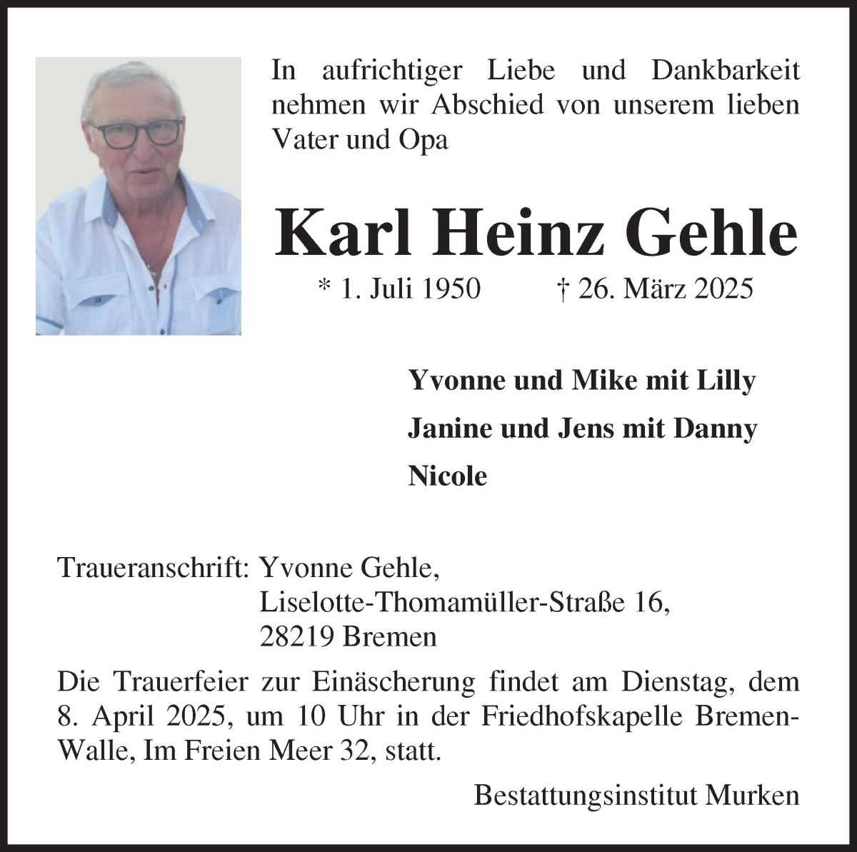 Traueranzeige von Karl Heinz Gehle von WESER-KURIER