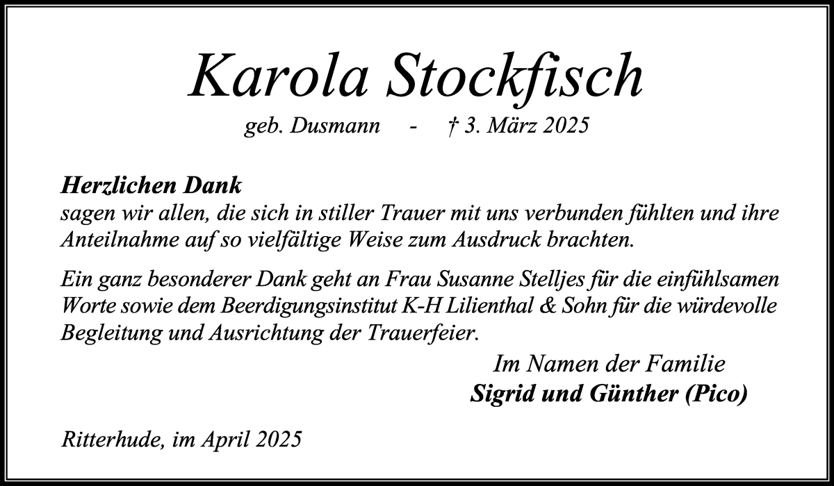 Traueranzeige von Karola Stockfisch von Osterholzer Kreisblatt
