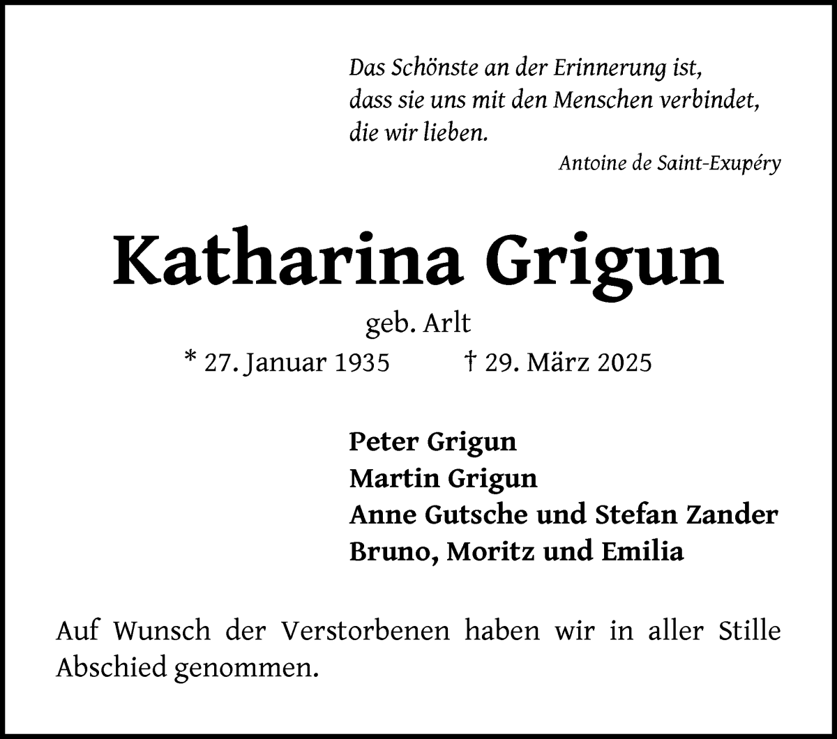 Traueranzeige von Katharina Grigun von WESER-KURIER