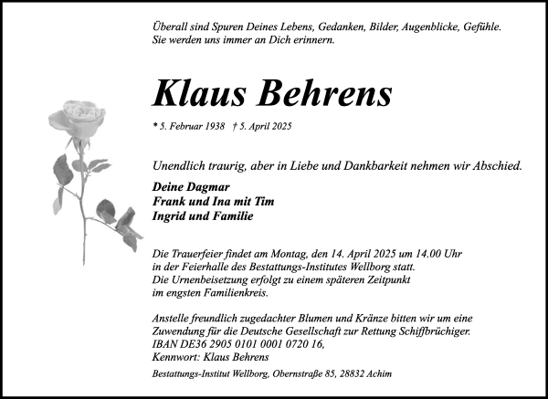 Traueranzeige von Klaus Behrens von WESER-KURIER
