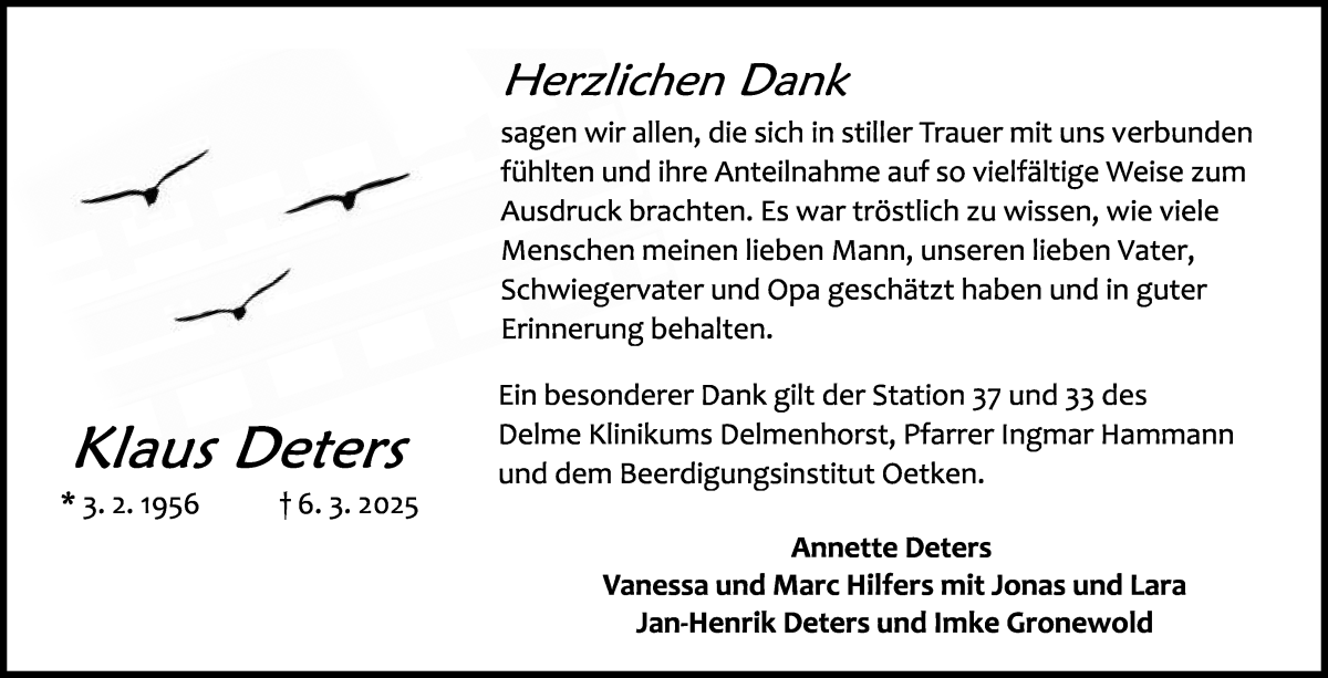 Traueranzeige von Klaus Deters von Die Norddeutsche