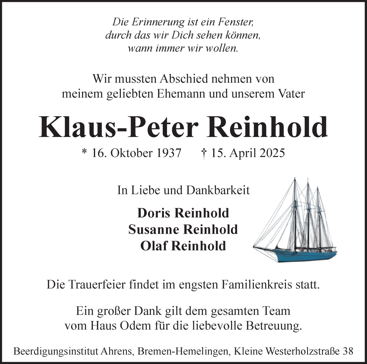 Traueranzeige von Klaus-Peter Reinhold von WESER-KURIER