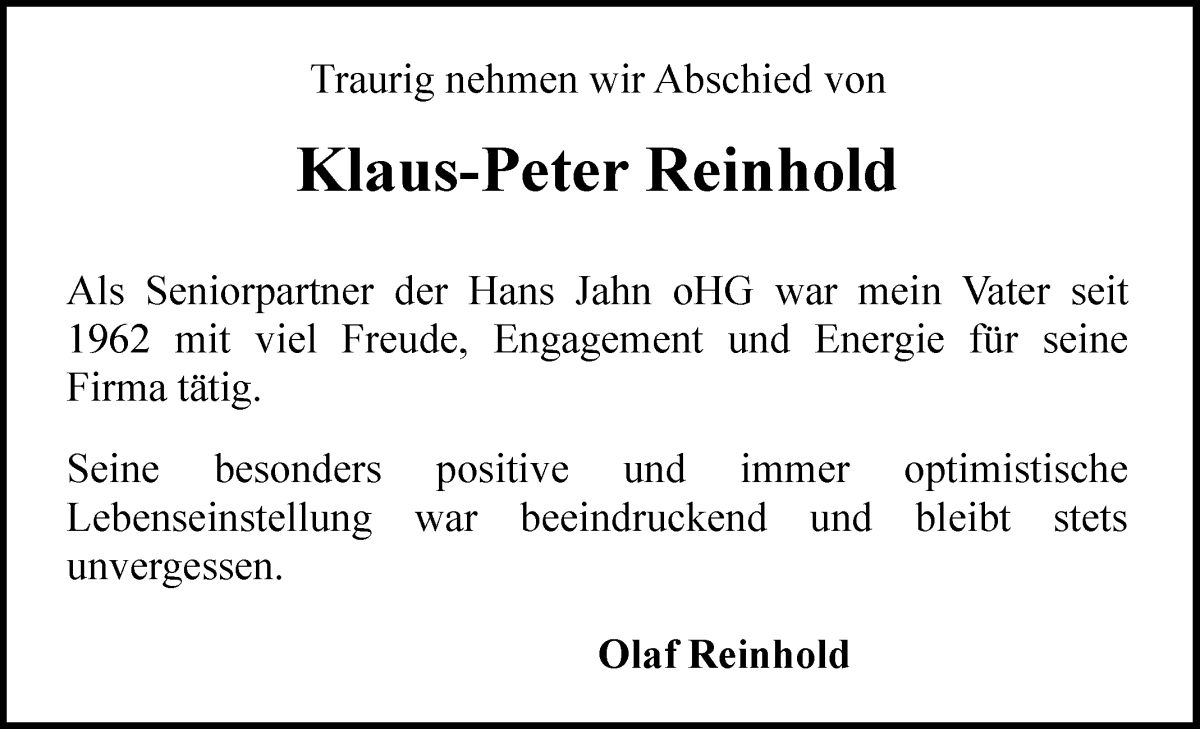 Traueranzeige von Klaus-Peter Reinhold von WESER-KURIER