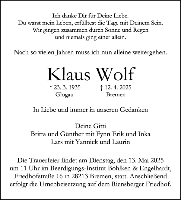 Traueranzeige von Klaus Wolf von WESER-KURIER