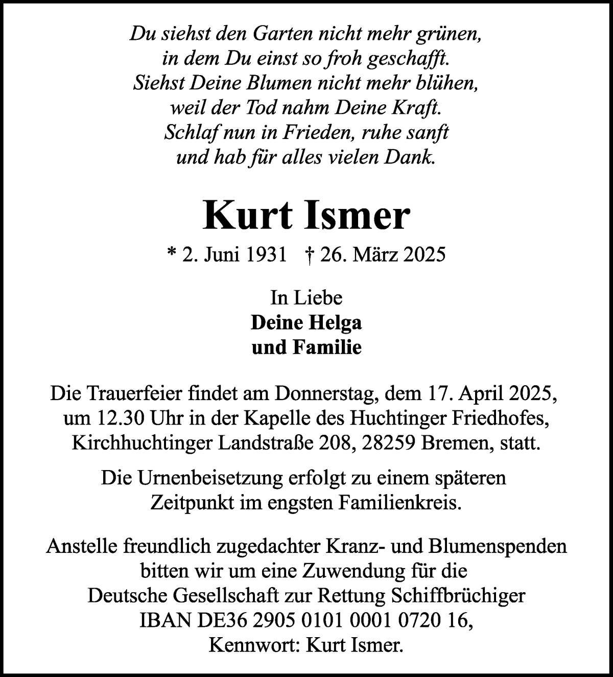 Traueranzeige von Kurt Ismer von WESER-KURIER