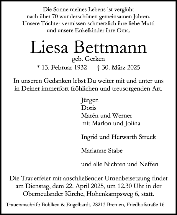 Traueranzeige von Liesa Bettmann von WESER-KURIER