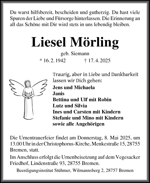 Traueranzeige von Liesel Mörling von Die Norddeutsche