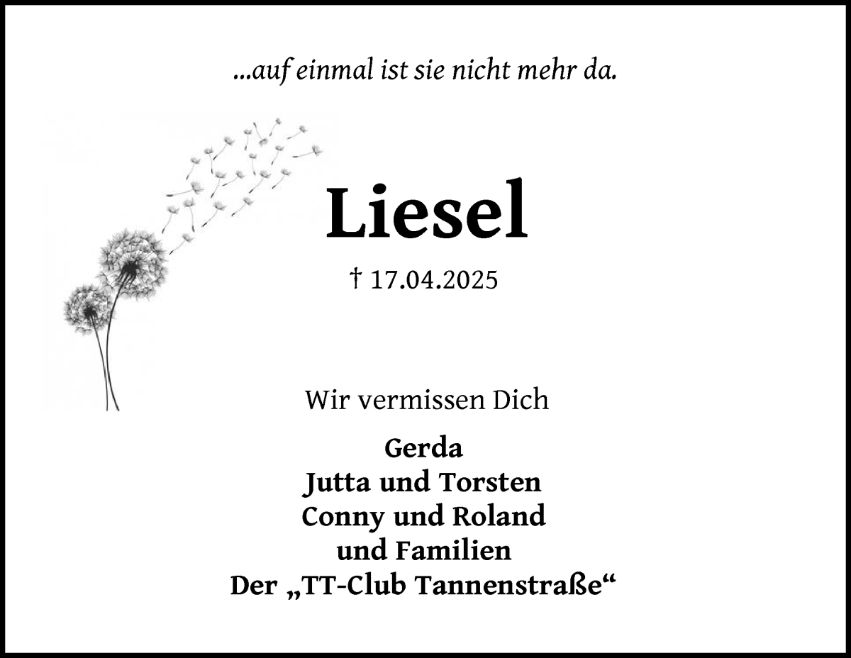 Traueranzeige von Liesel Mörling von Die Norddeutsche