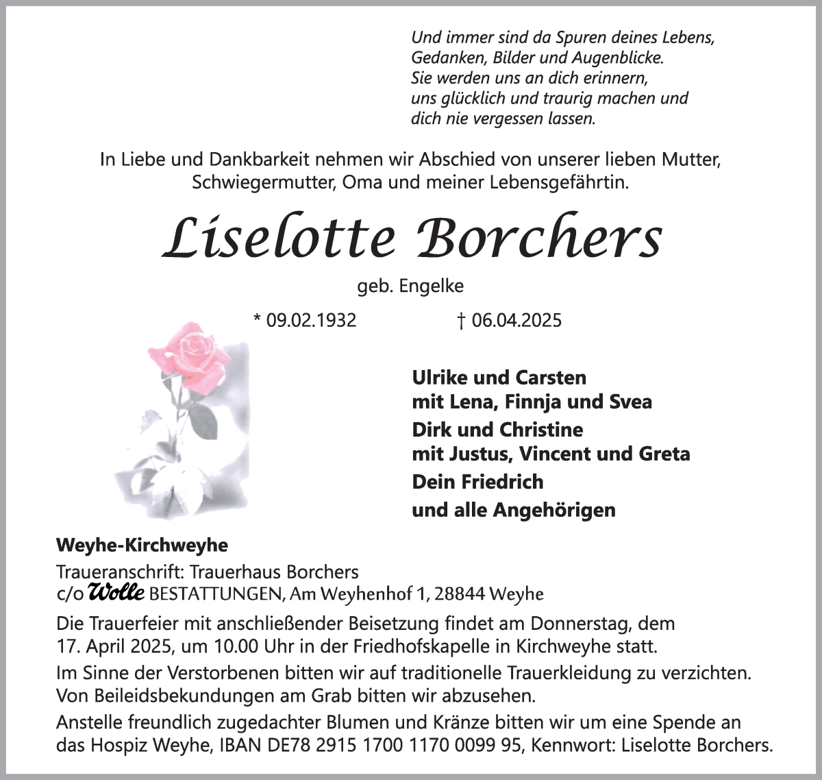 Traueranzeige von Lieselotte Borchers von Regionale Rundschau/Syker Kurier