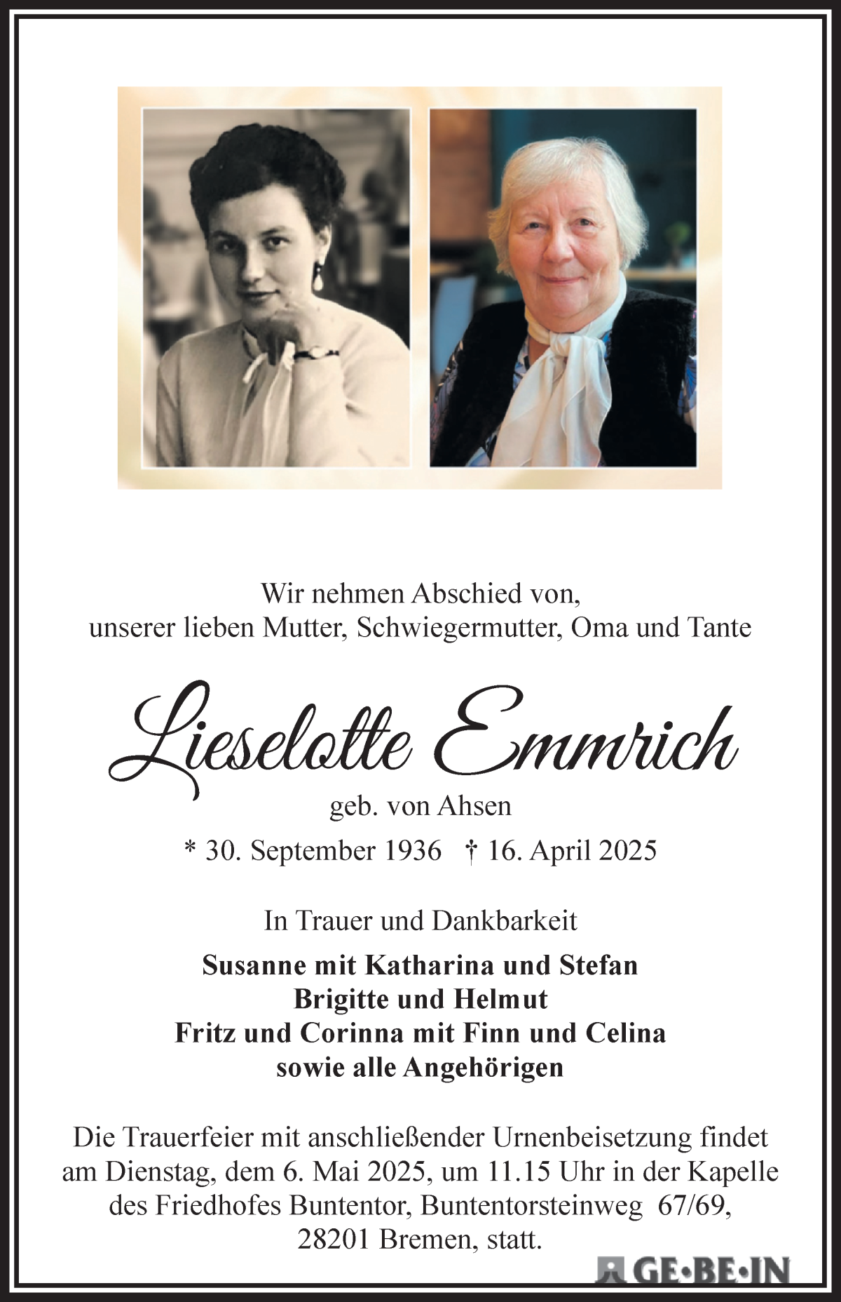 Traueranzeige von Lieselotte Emmrich von WESER-KURIER