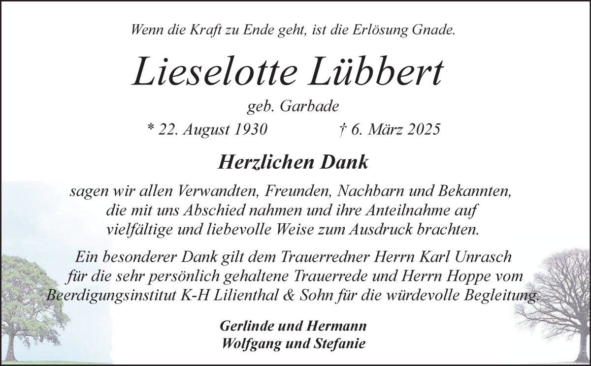 Traueranzeige von Lieselotte Lübbert von Osterholzer Kreisblatt
