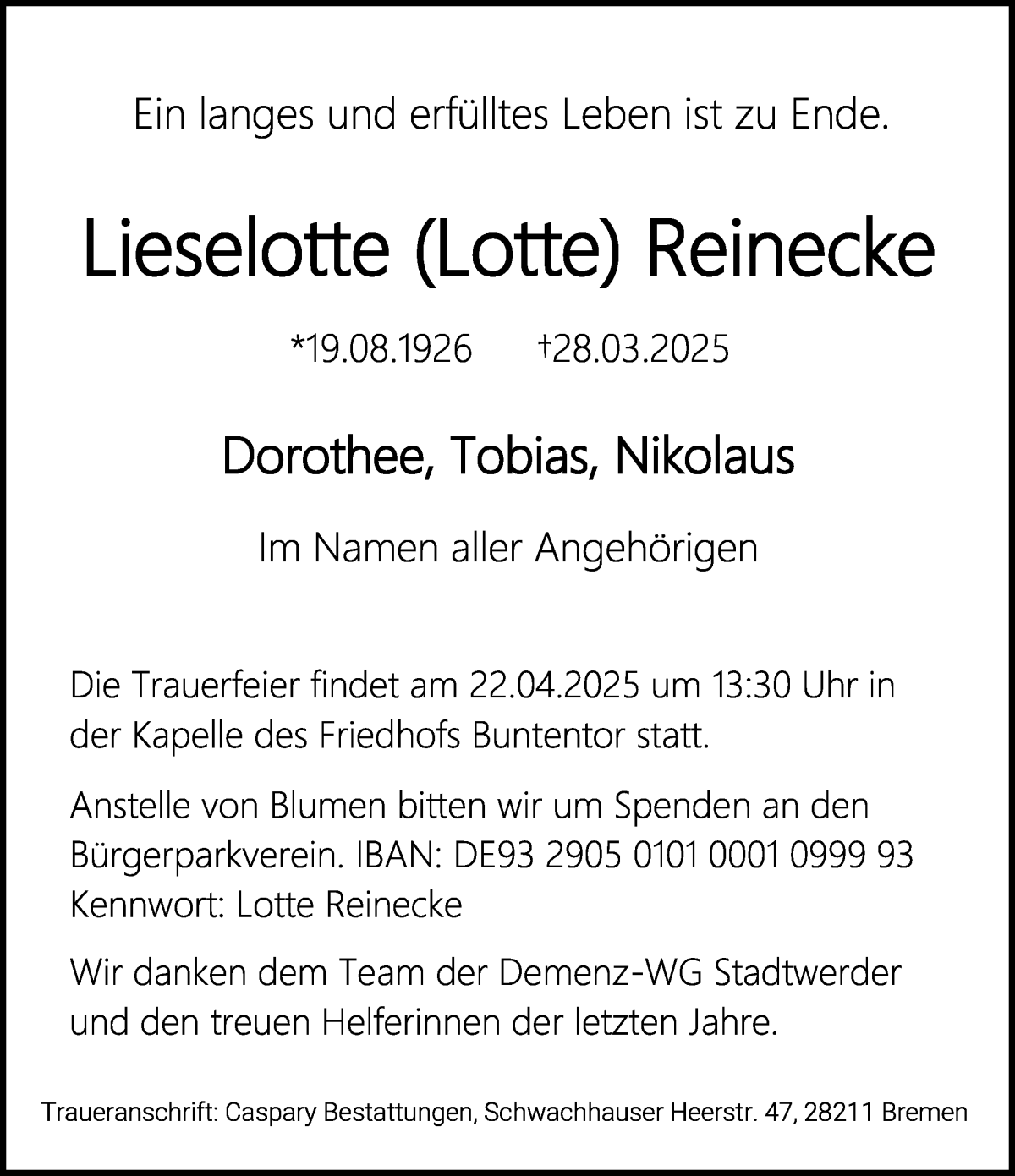 Traueranzeige von Lieselotte Reinecke von WESER-KURIER