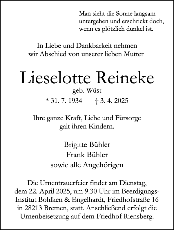 Traueranzeige von Lieselotte Reineke von WESER-KURIER