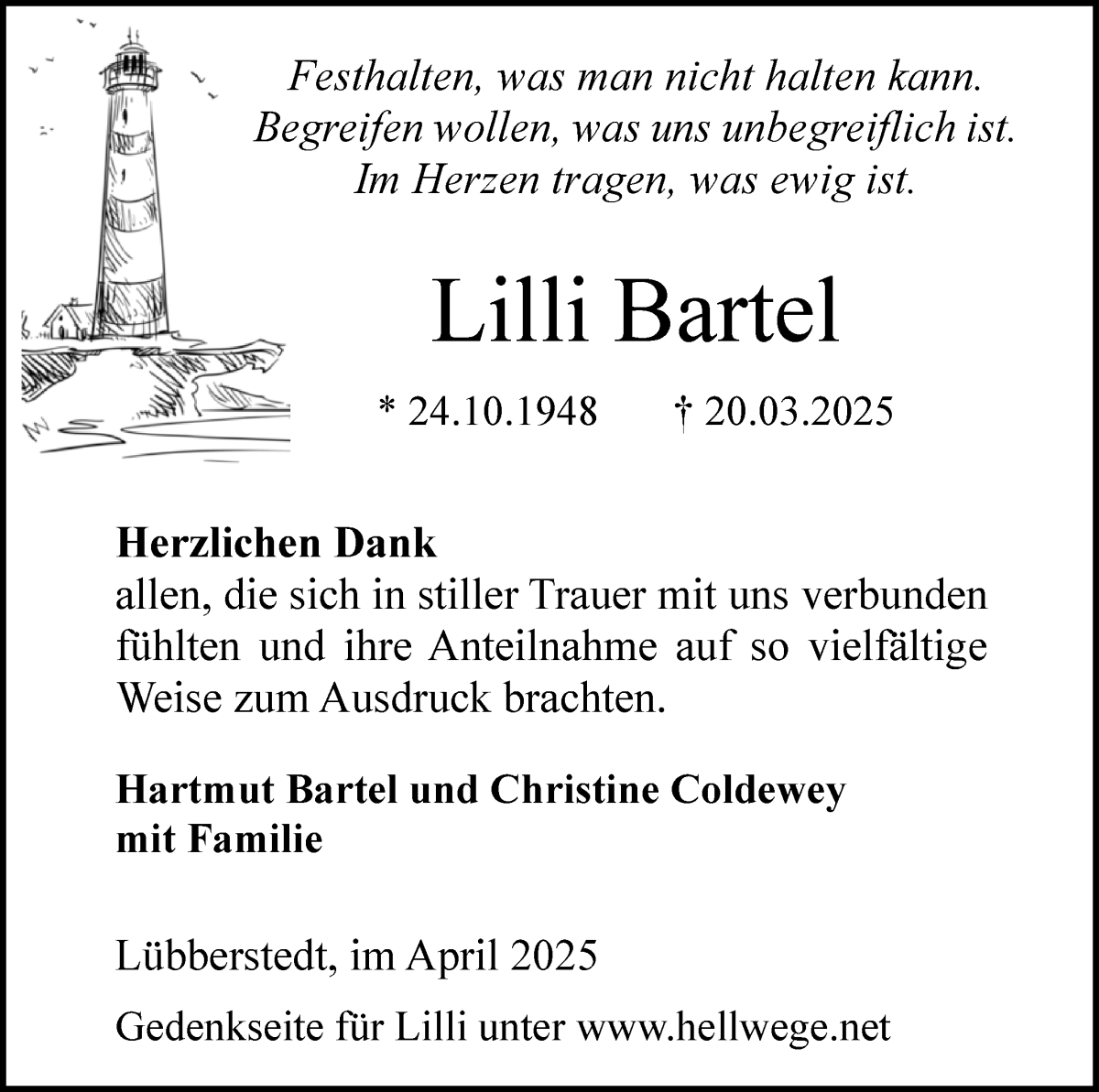 Traueranzeige von Lilli Bartel von Osterholzer Kreisblatt