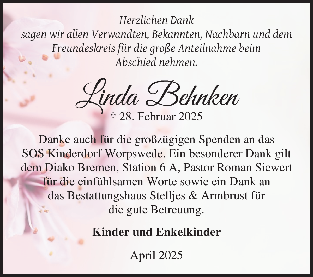 Traueranzeige von Linda Behnken von WESER-KURIER