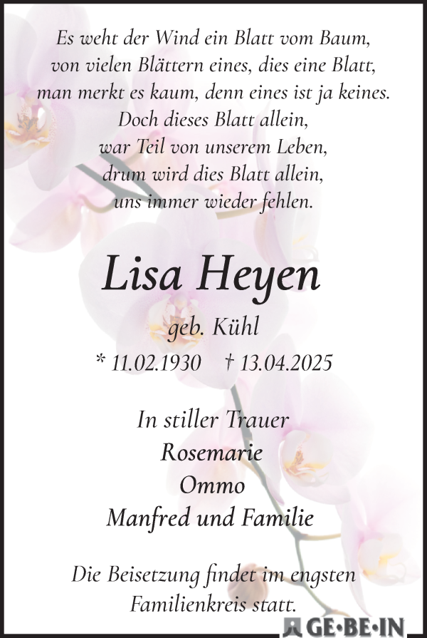 Traueranzeige von Lisa Heyen von WESER-KURIER