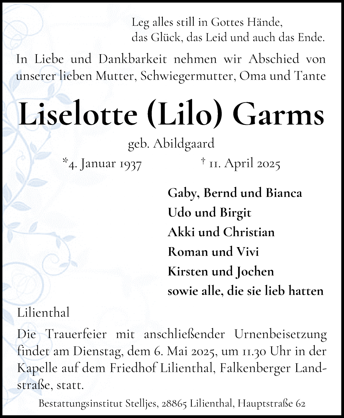 Traueranzeige von Liselotte Garms von Wuemme Zeitung