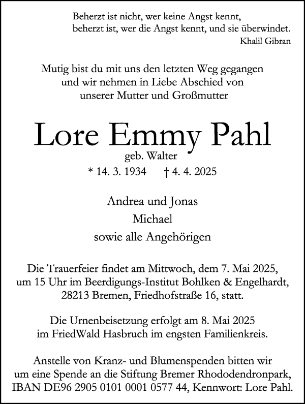 Traueranzeige von Lore Emmy Pahl von WESER-KURIER