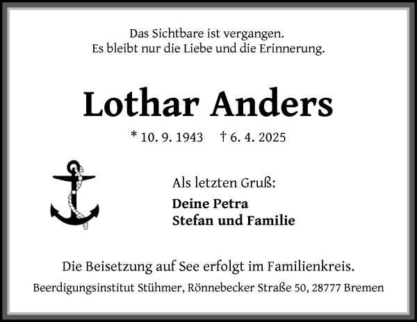 Traueranzeige von Lothar Anders von Die Norddeutsche