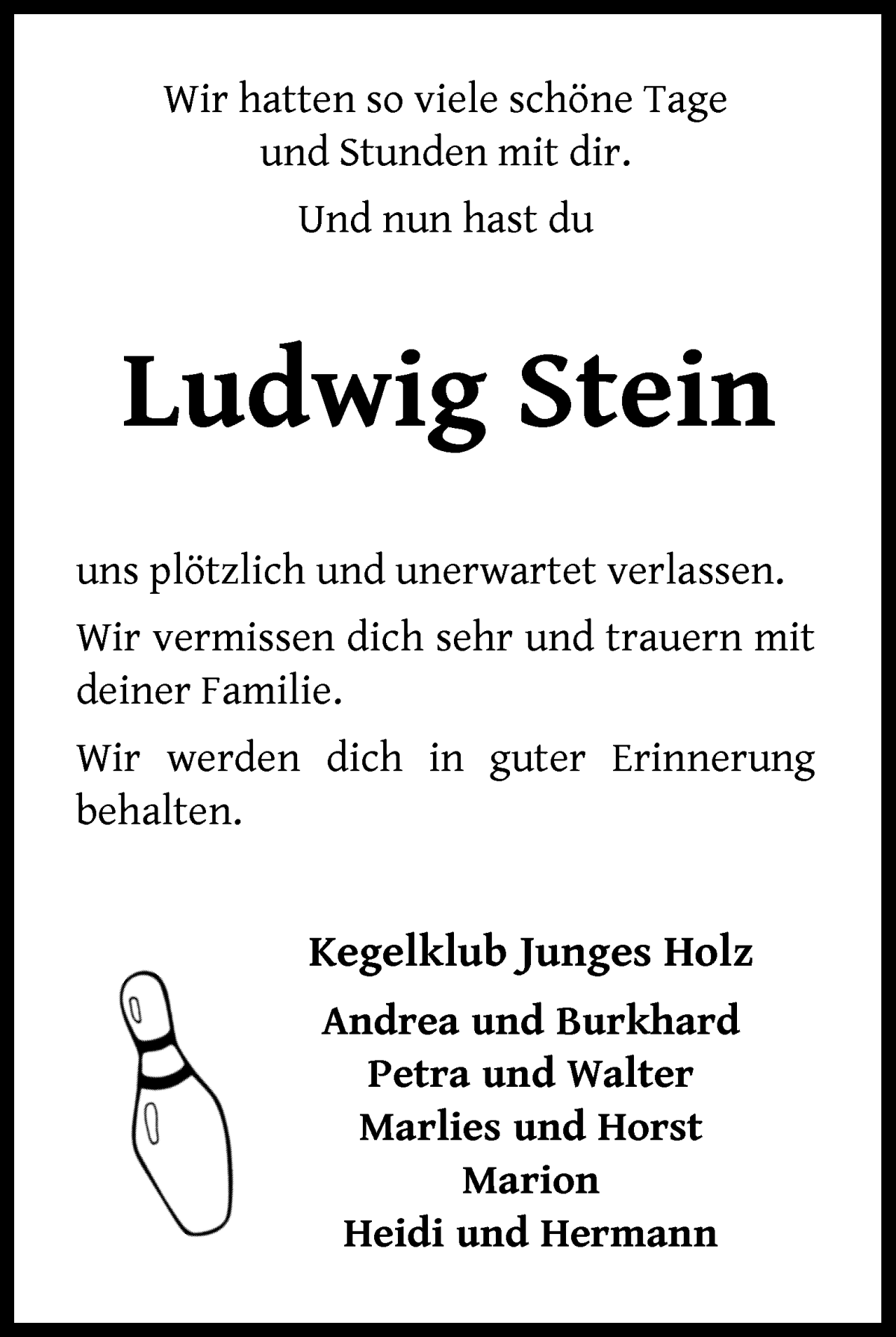 Traueranzeige von Ludwig Stein von Wuemme Zeitung