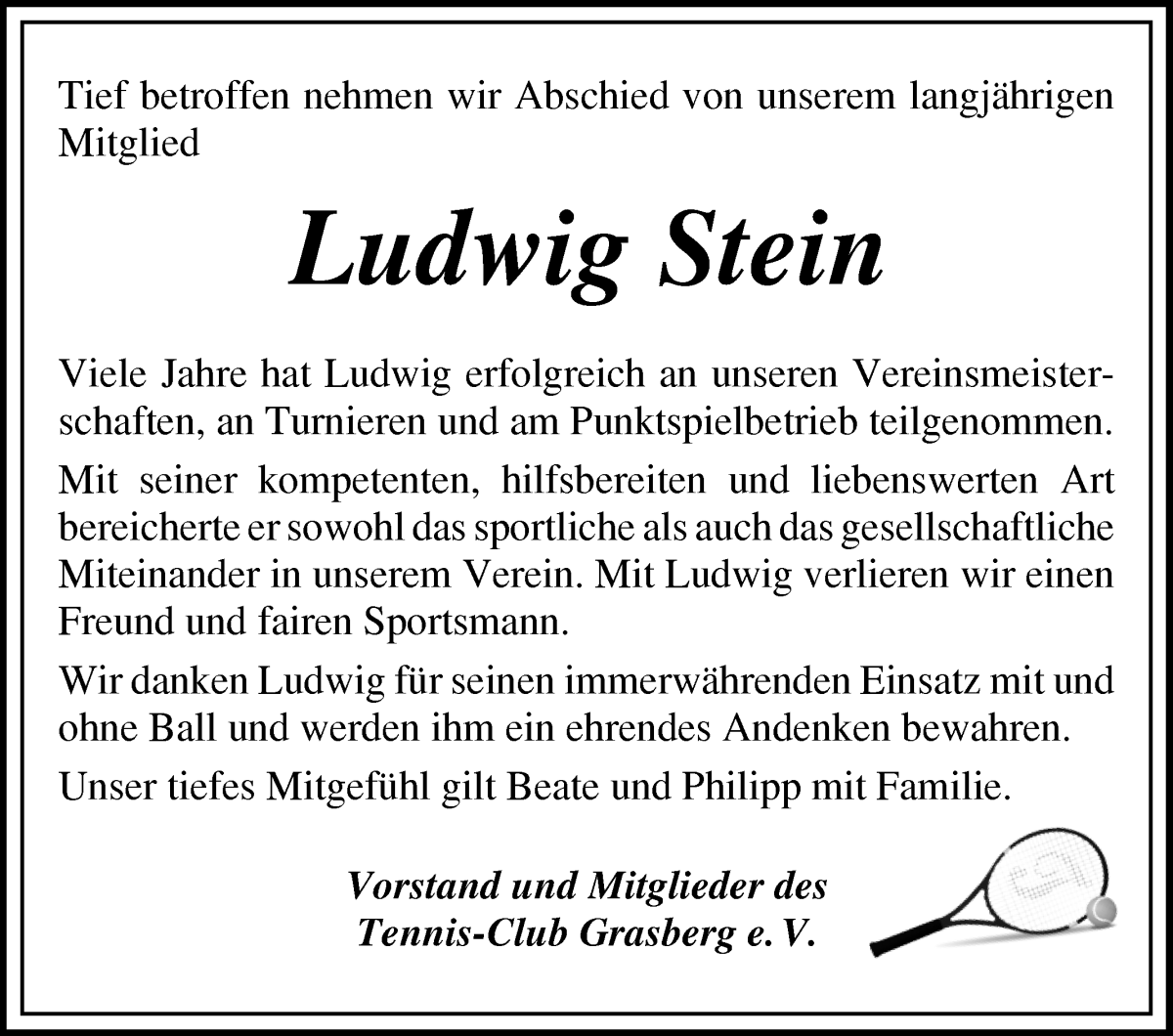Traueranzeige von Ludwig Stein von Wuemme Zeitung