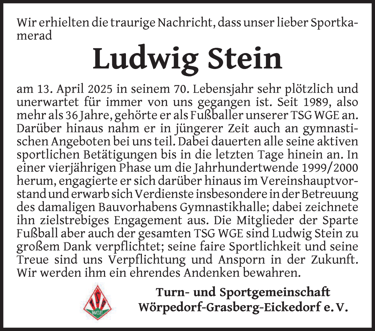 Traueranzeige von Ludwig Stein von Wuemme Zeitung