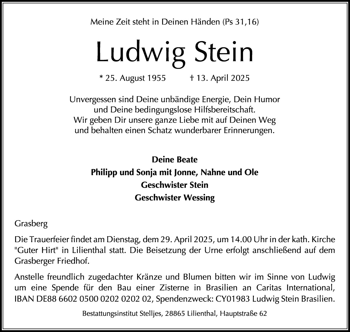 Traueranzeige von Ludwig Stein von Wuemme Zeitung