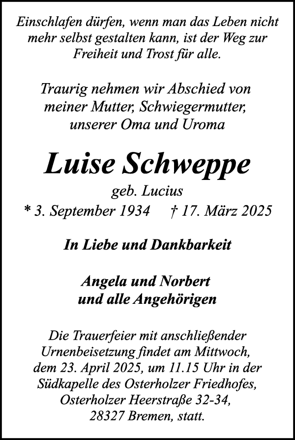Traueranzeige von Luise Schweppe von WESER-KURIER