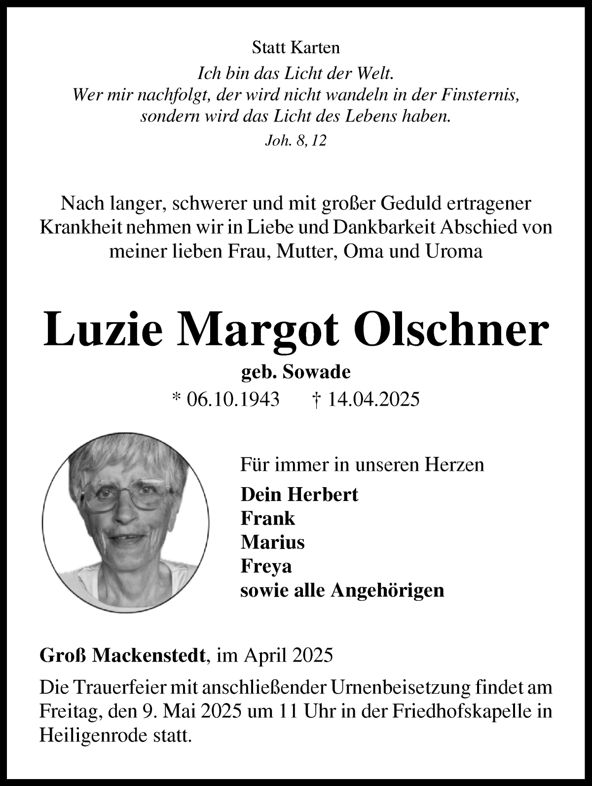 Traueranzeige von Luzie Margot Olschner von WESER-KURIER