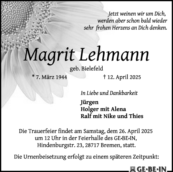 Traueranzeige von Magrit Lehmann von WESER-KURIER