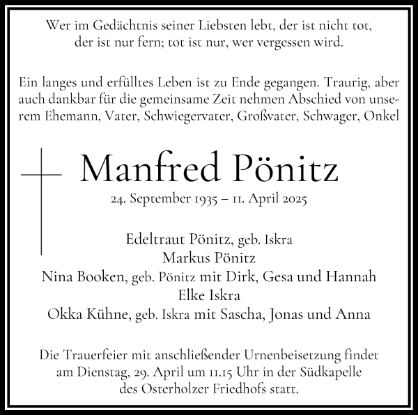 Traueranzeige von Manfred Pönitz von WESER-KURIER