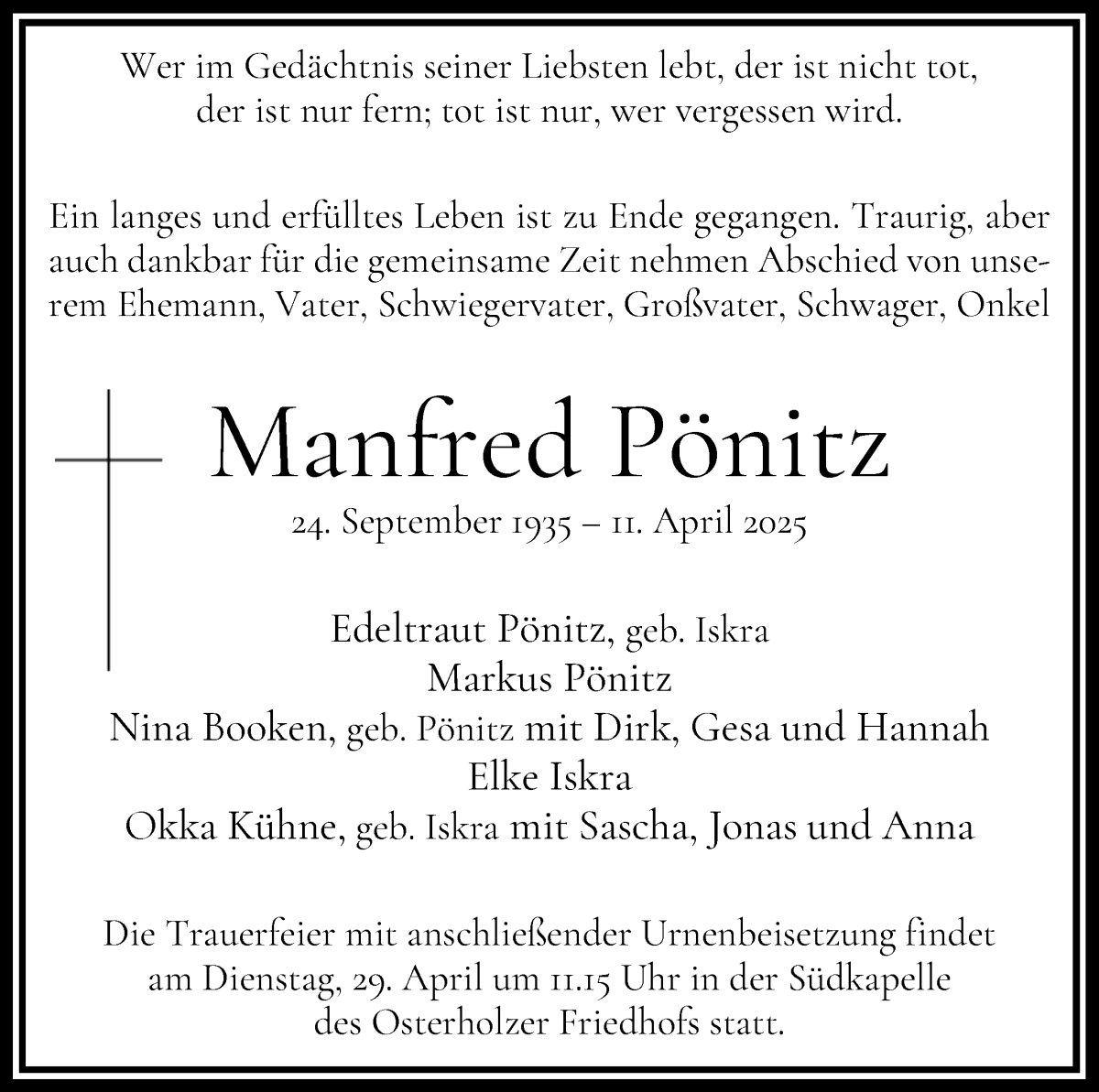 Traueranzeige von Manfred Pönitz von WESER-KURIER