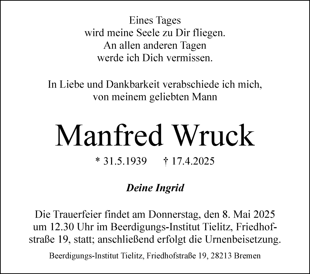 Traueranzeige von Manfred Wruck von WESER-KURIER