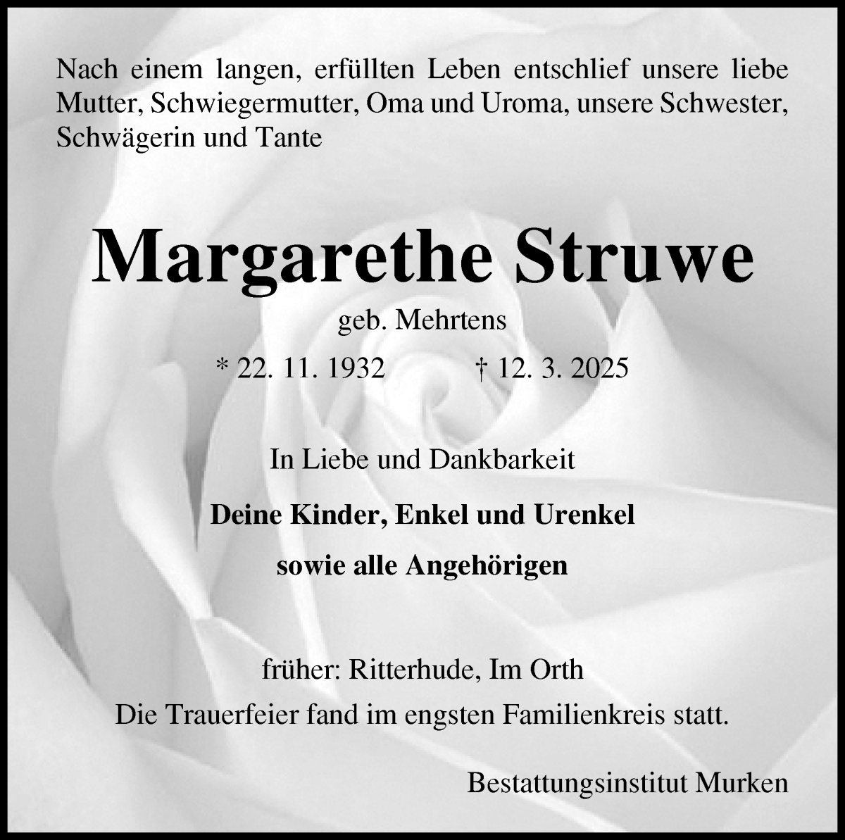 Traueranzeige von Margarethe Struwe von Osterholzer Kreisblatt