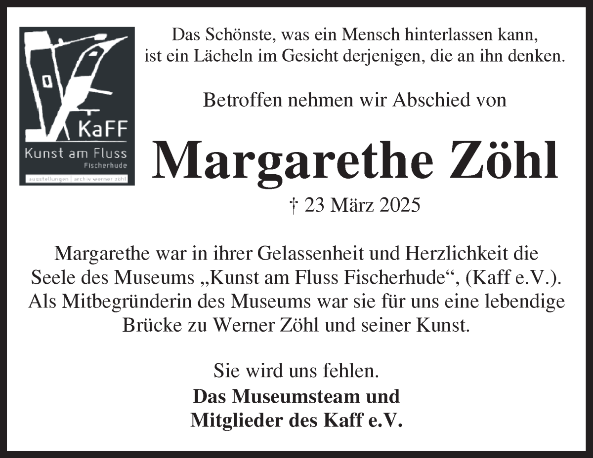 Traueranzeige von Margarethe Zöhl von WESER-KURIER