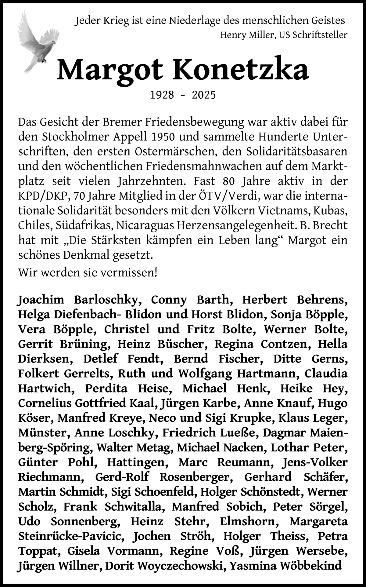 Traueranzeige von Margot Konetzka von WESER-KURIER