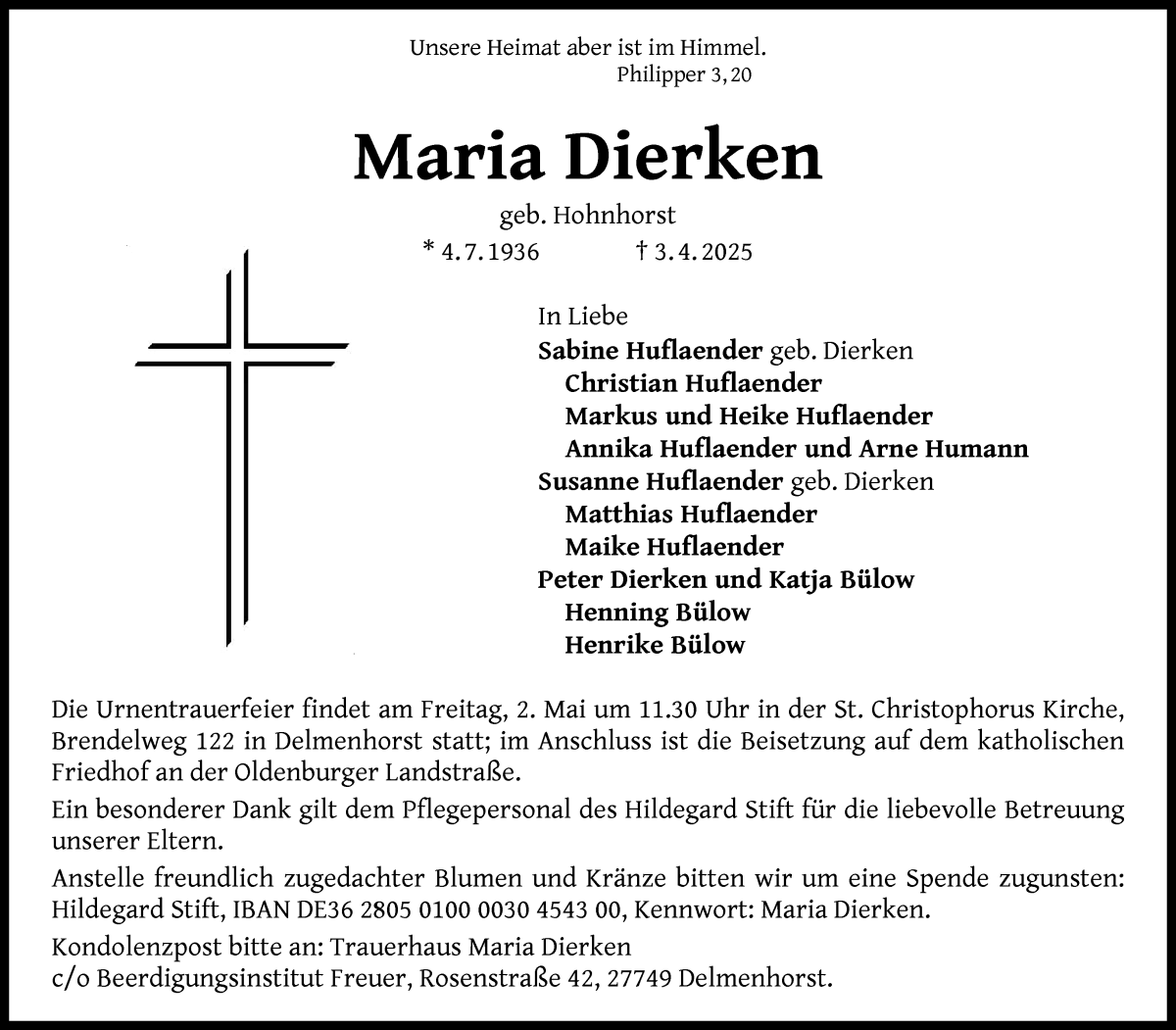 Traueranzeige von Maria Dierken von WESER-KURIER