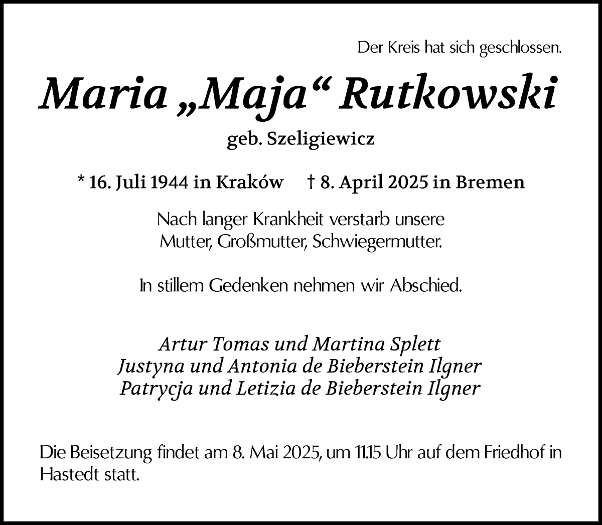 Traueranzeige von Maria Maja Rutkowski von WESER-KURIER