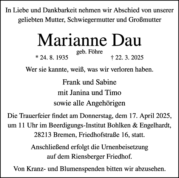 Traueranzeige von Marianne Dau von WESER-KURIER