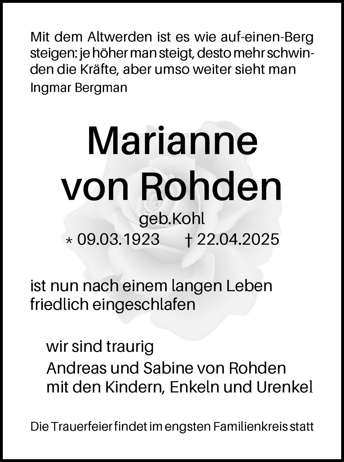 Traueranzeige von Marianne von Rohden von Wuemme Zeitung