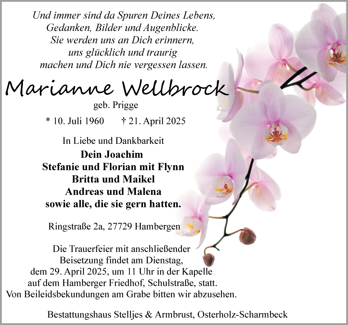 Traueranzeige von Marianne Wellbrock von Osterholzer Kreisblatt