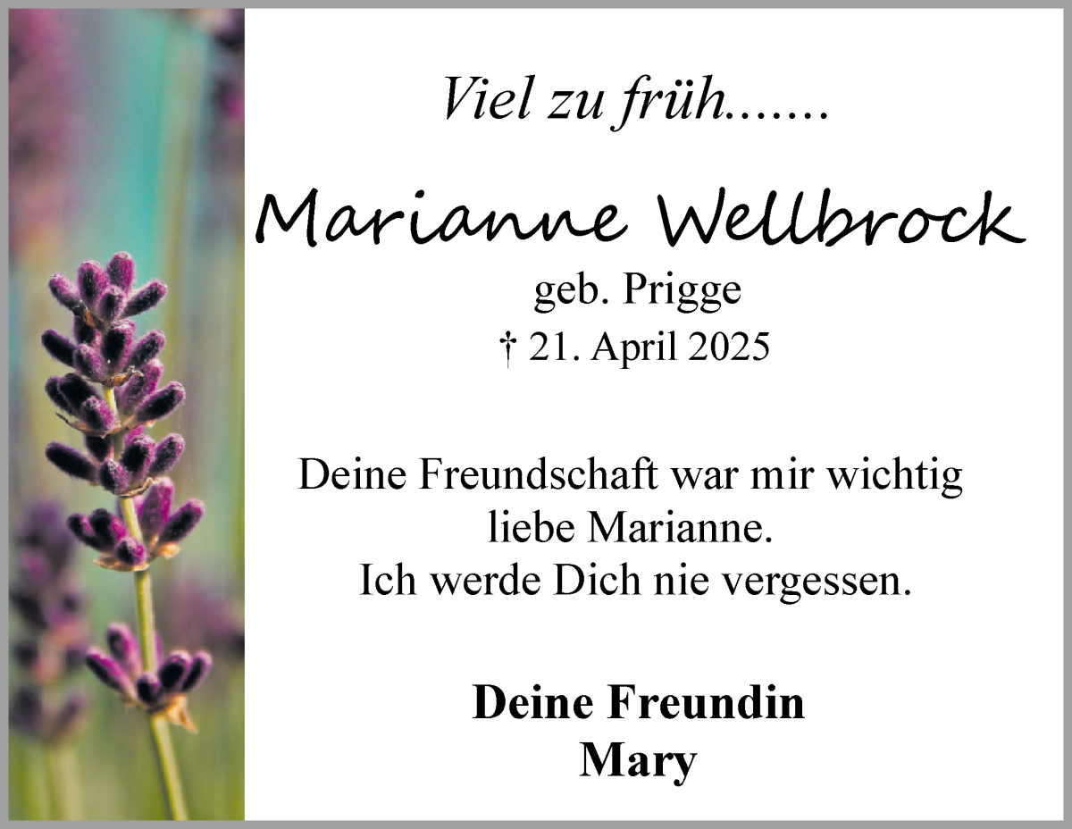 Traueranzeige von Marianne Wellbrock von Osterholzer Kreisblatt