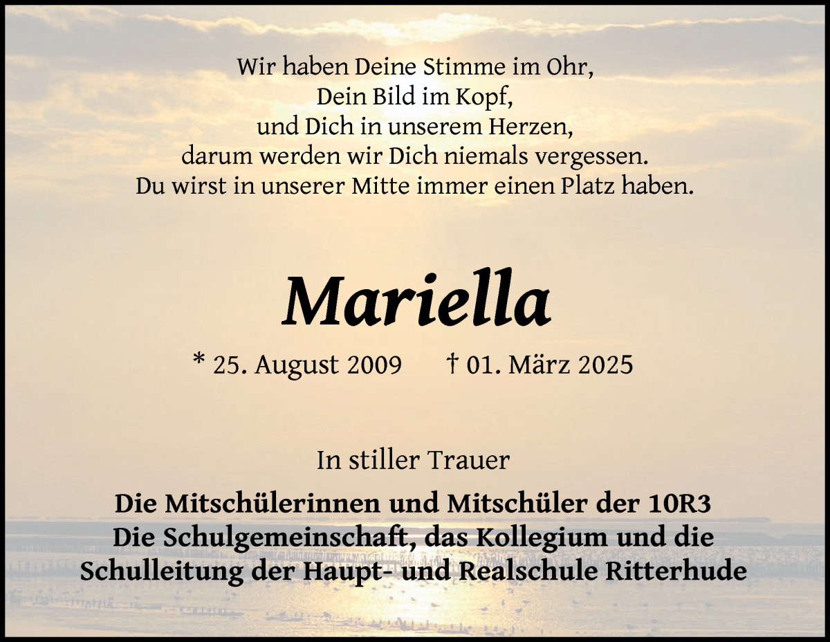 Traueranzeige von Mariella Röhricht von Osterholzer Kreisblatt