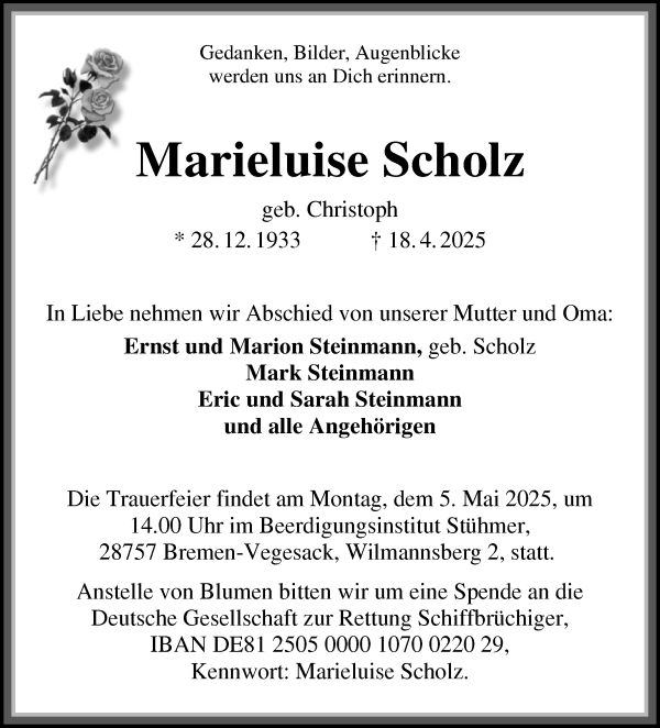 Traueranzeige von Marieluise Scholz von Die Norddeutsche