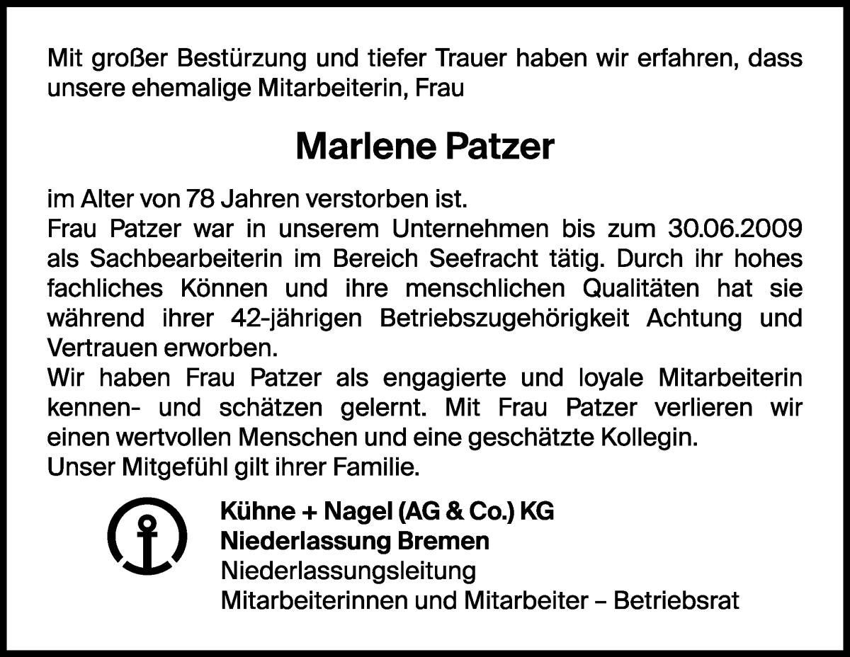 Traueranzeige von Marlene Patzer von WESER-KURIER