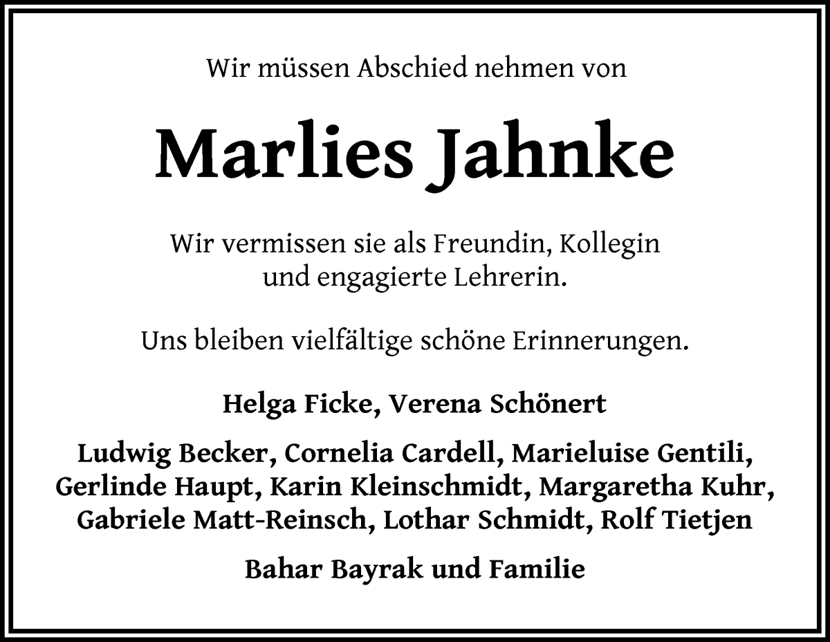 Traueranzeige von Marlies Jahnke von WESER-KURIER