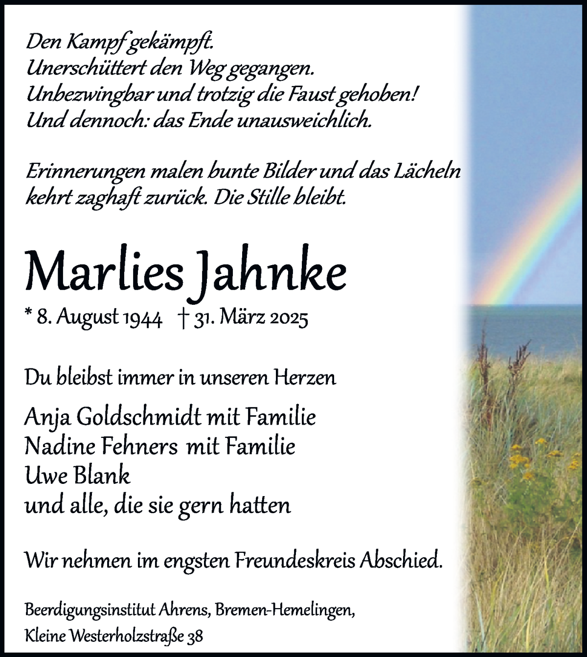Traueranzeige von Marlies Jahnke von WESER-KURIER