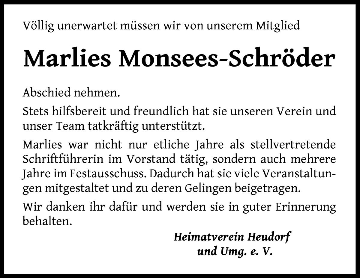 Traueranzeige von Marlies Monsees-Schröder von Wuemme Zeitung