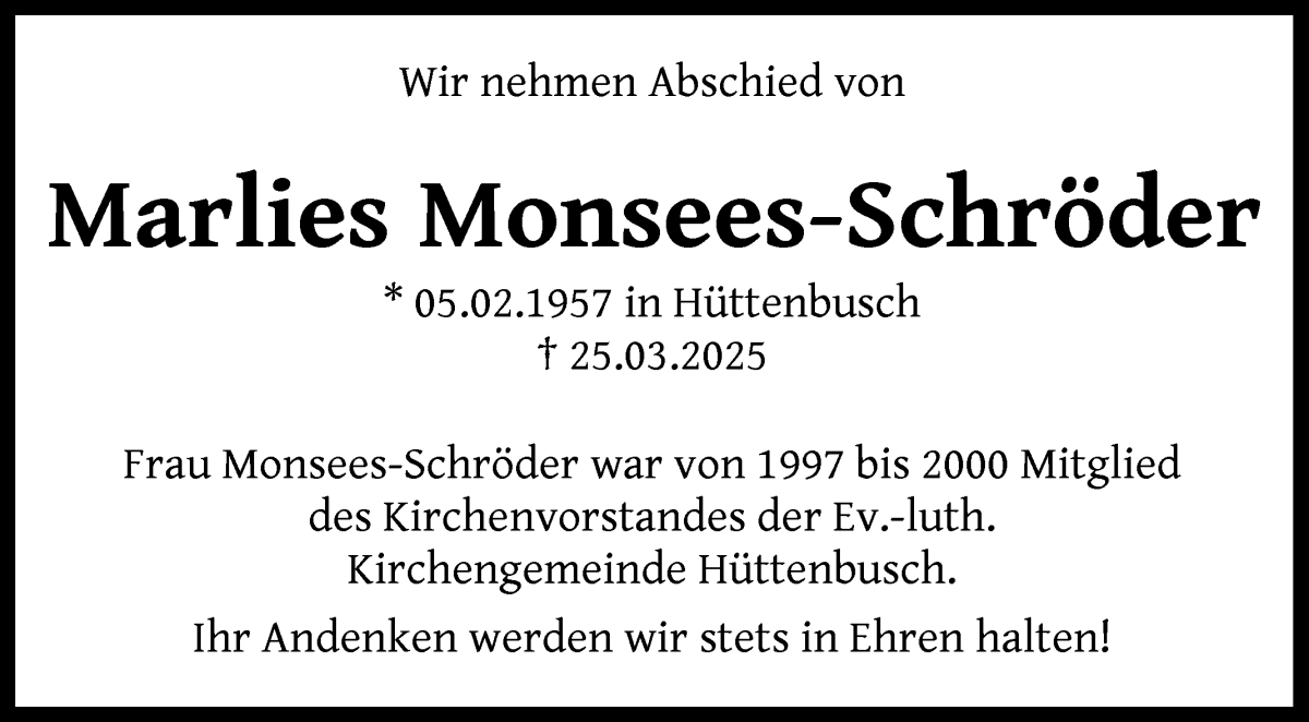 Traueranzeige von Marlies Monsees-Schröder von Wuemme Zeitung